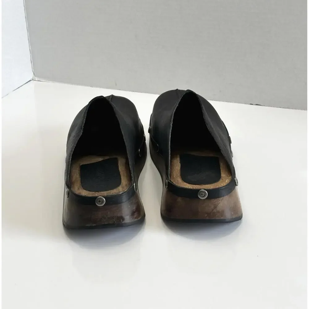 Rare Canyon River Blues Gordon Womens 7M Black Leather Wooden Sole Comfort Clogs - Picture 5 of 16